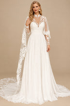 Rutipo Ivory Luxury A-Line High Neck Long Sleeves Elegant Chiffon/Lace Wedding Dresses