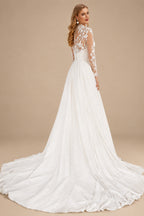 Rutipo Ivory Luxury A-Line High Neck Long Sleeves Elegant Chiffon/Lace Wedding Dresses