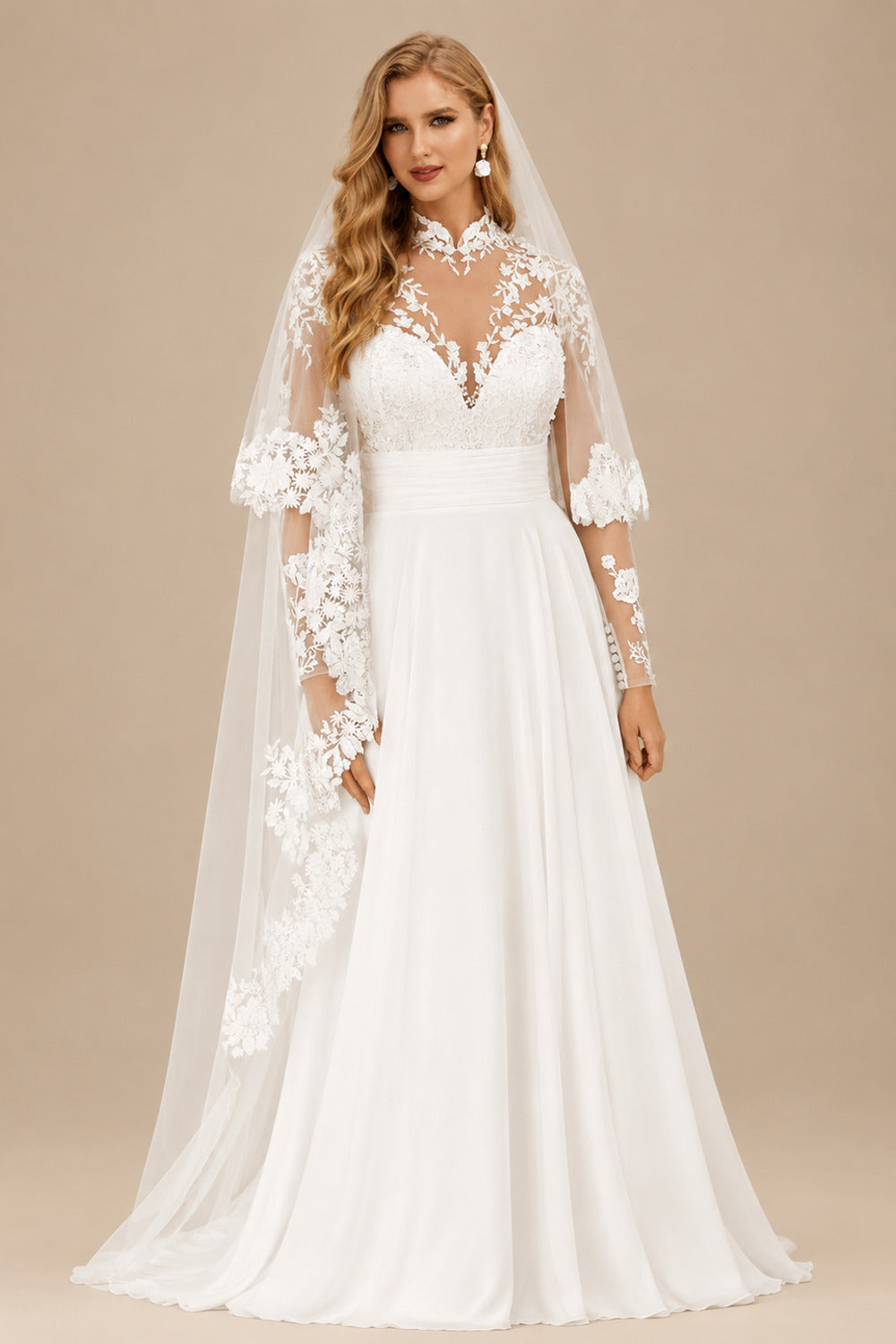 Rutipo Ivory Luxury A-Line High Neck Long Sleeves Elegant Chiffon/Lace Wedding Dresses