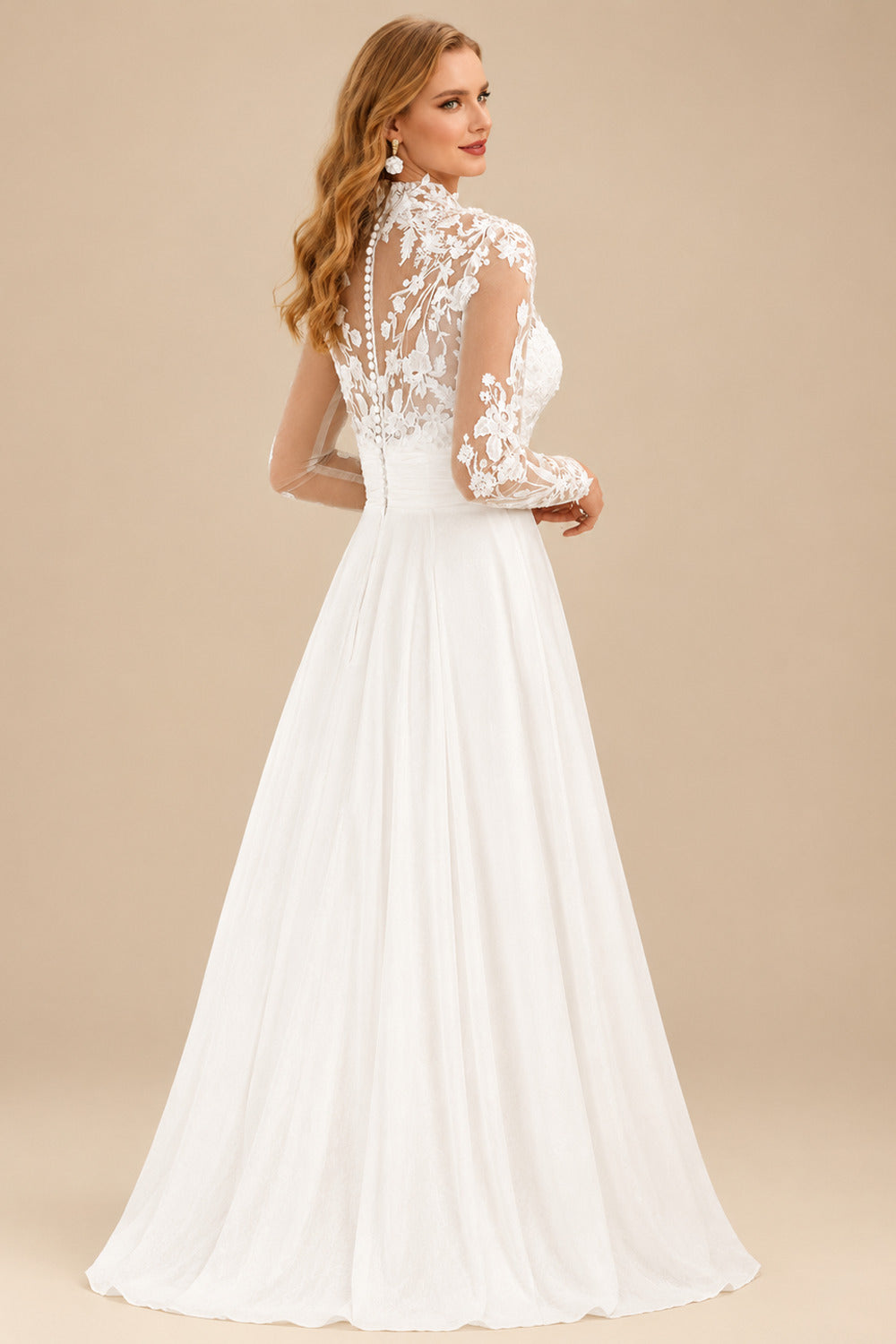Rutipo Ivory Luxury A-Line High Neck Long Sleeves Elegant Chiffon/Lace Wedding Dresses