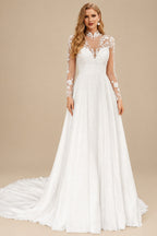 Rutipo Ivory Luxury A-Line High Neck Long Sleeves Elegant Chiffon/Lace Wedding Dresses