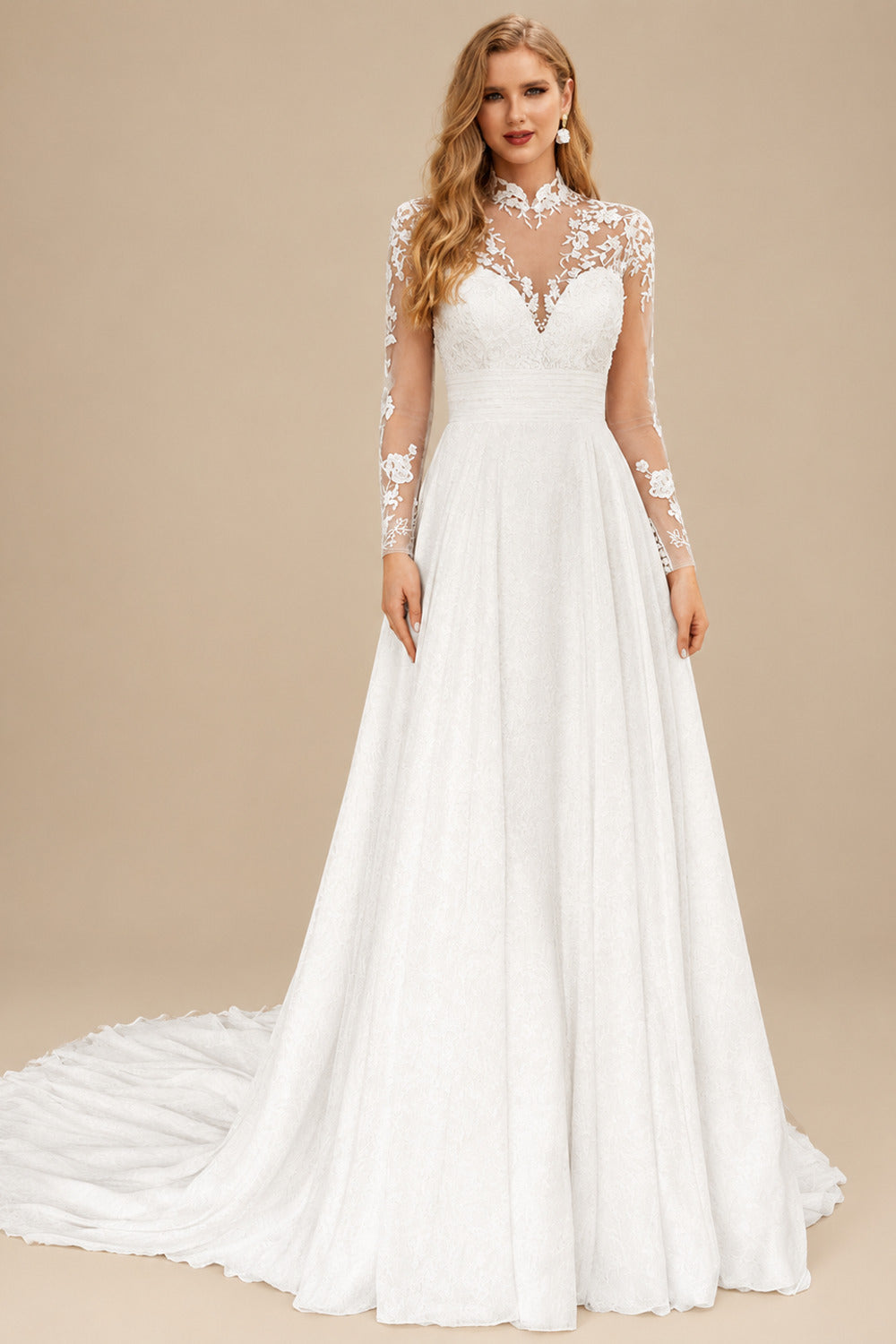Rutipo Ivory Luxury A-Line High Neck Long Sleeves Elegant Chiffon/Lace Wedding Dresses
