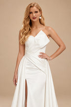 Rutipo Ivory A-Line Sleeveless Court Train Satin Wedding Dresses With Split Front
