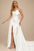 Rutipo Ivory A-Line Sleeveless Court Train Satin Wedding Dresses With Split Front