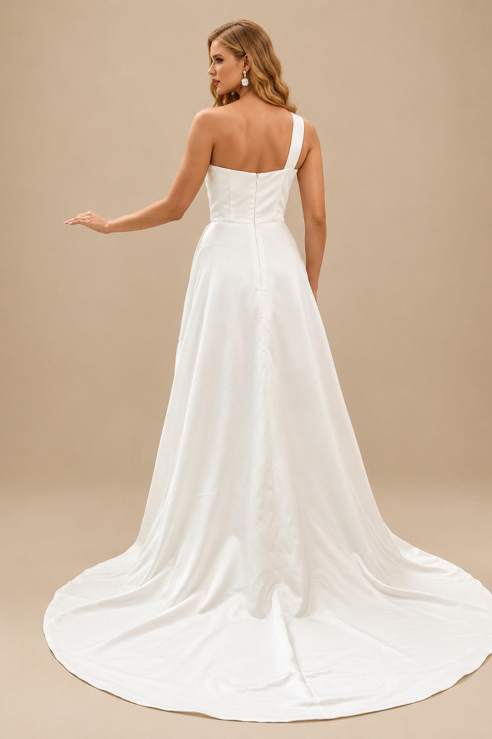 Rutipo Ivory A-Line One-Shoulder Sleeveless Court Train Satin Wedding Dresses With Split Front