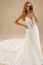 Rutipo Ivory A-Line V-Neck Sleeveless Chiffon Wedding Dresses With Appliques Lace