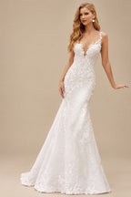 Rutipo Ivory Mermaid Sleeveless Court Train Lace Wedding Dresses With Appliques Lace