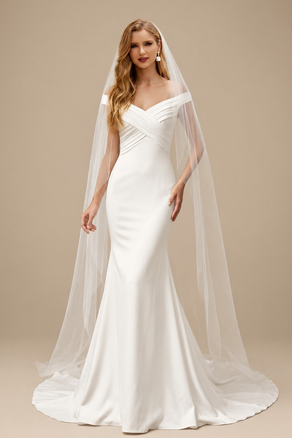 Rutipo Ivory Mermaid V-Neck Sleeveless Sweep Train Elastic Satin Wedding Dresses