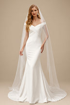 Rutipo Ivory Mermaid V-Neck Sleeveless Sweep Train Elastic Satin Wedding Dresses