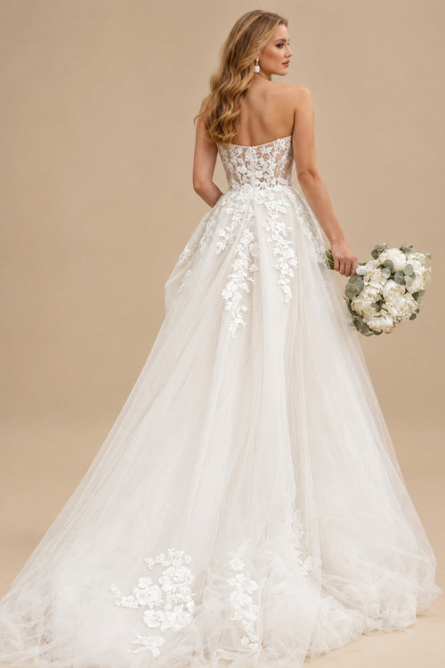 Rutipo Ivory A-Line Boho Sweetheart Vintage Tulle Wedding Dresses With Appliques Lace