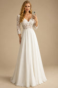 Rutipo Ivory A-Line V-neck 3/4 Sleeves Elegant Chiffon Wedding Dresses With Appliques Lace