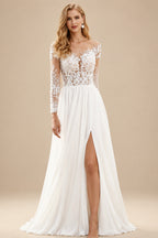 Rutipo Ivory A-Line V-Neck Long Sleeves Elegant Chiffon/Lace Wedding Dresses With Split Front