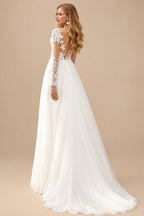 Rutipo Ivory A-Line V-Neck Long Sleeves Elegant Chiffon/Lace Wedding Dresses With Split Front
