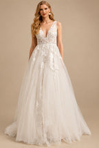 Rutipo As Picture A-Line V-Neck Vintage Backless Tulle Wedding Dresses With Appliques Lace