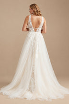 Rutipo Ivory A-Line V-Neck Vintage Backless Tulle Wedding Dresses With Appliques Lace