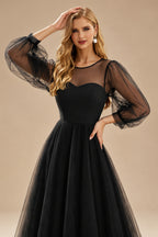 Rutipo Black A-Line Illusion Neck Long Sleeves Tea-Length Black Tulle Wedding Dresses