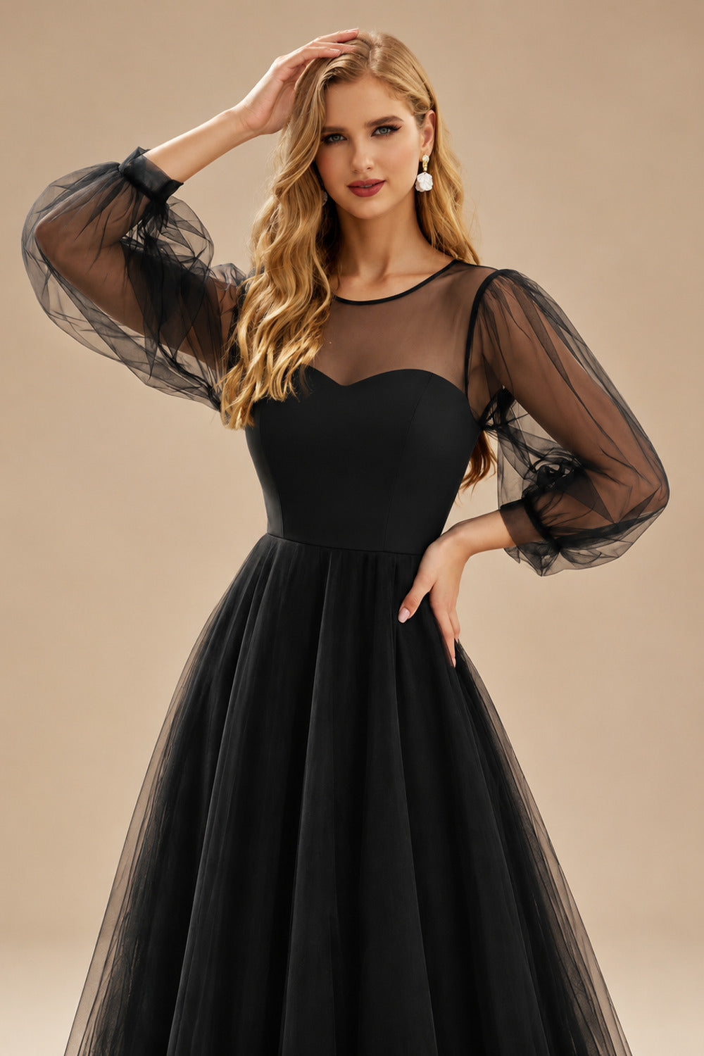 Rutipo Black A-Line Illusion Neck Long Sleeves Tea-Length Black Tulle Wedding Dresses