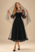 Rutipo Black A-Line Illusion Neck Long Sleeves Tea-Length Black Tulle Wedding Dresses