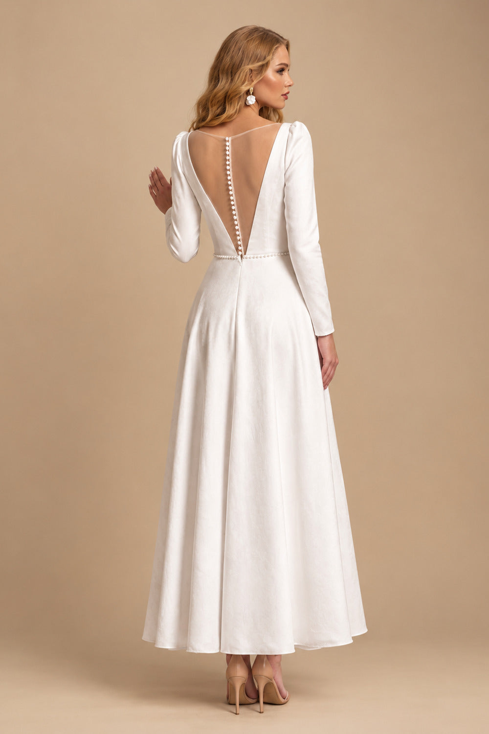 Rutipo White A-Line V-Neck Little White Satin Wedding Dresses With Beading Long Sleeves