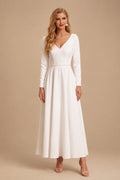 Rutipo White A-Line V-Neck Little White Satin Wedding Dresses With Beading Long Sleeves