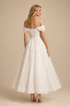 Rutipo Ivory A-Line Off-The-Shoulder Ankle-Length Vintage Sequined Wedding Dresses