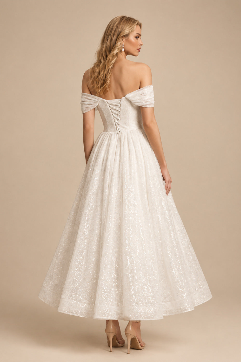 Rutipo Ivory A-Line Off-The-Shoulder Ankle-Length Vintage Sequined Wedding Dresses