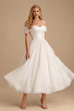 Rutipo Ivory A-Line Off-The-Shoulder Ankle-Length Vintage Sequined Wedding Dresses