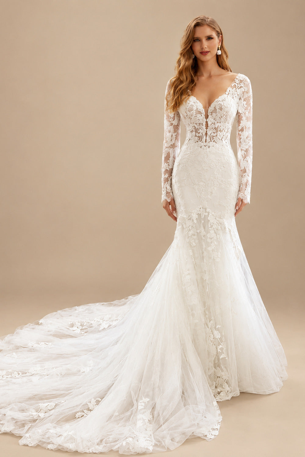 Rutipo Ivory Trumpet/Mermaid V-Neck Sheer Lace Sleeves Elegant Lace/Tulle Wedding Dresses
