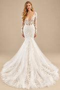 Rutipo Ivory Trumpet/Mermaid V-Neck Sheer Lace Sleeves Elegant Lace/Tulle Wedding Dresses