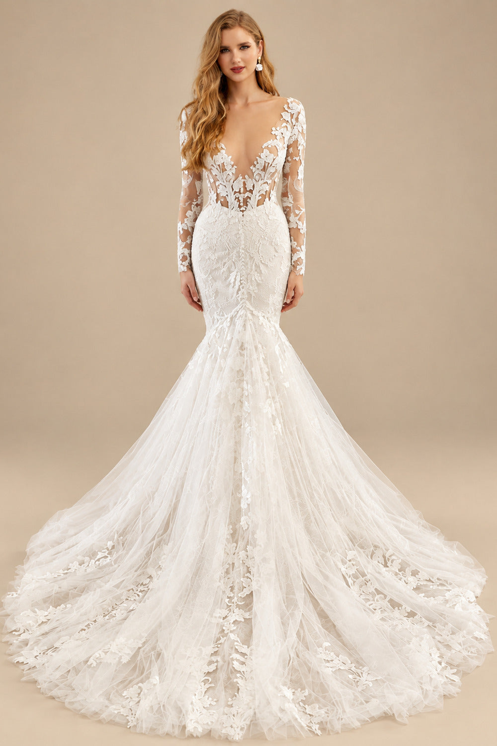 Rutipo Ivory Trumpet/Mermaid V-Neck Sheer Lace Sleeves Elegant Lace/Tulle Wedding Dresses