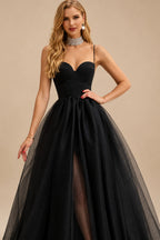 Rutipo Black A-Line Sweetheart Little White Tulle Wedding Dresses With Split Front