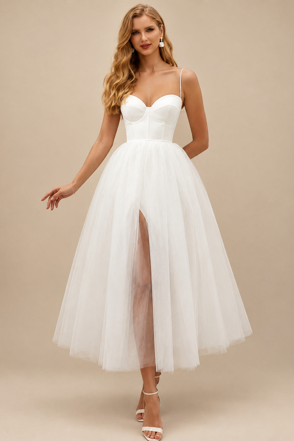 Rutipo Ivory A-Line Sweetheart Little White Tulle Wedding Dresses With Split Front