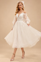 Rutipo Ivory A-Line Sweetheart Long Sleeves Elegant Tulle Wedding Dresses With Appliques Lace