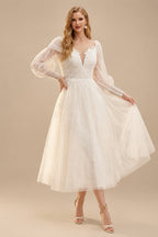 Rutipo Ivory A-Line Sweetheart Long Sleeves Elegant Tulle Wedding Dresses With Appliques Lace