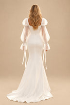 Rutipo Ivory Sheath/Column Square Neckline Long Sleeves Satin/Tulle Wedding Dresses