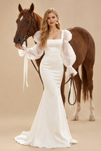Rutipo Ivory Sheath/Column Square Neckline Long Sleeves Satin/Tulle Wedding Dresses
