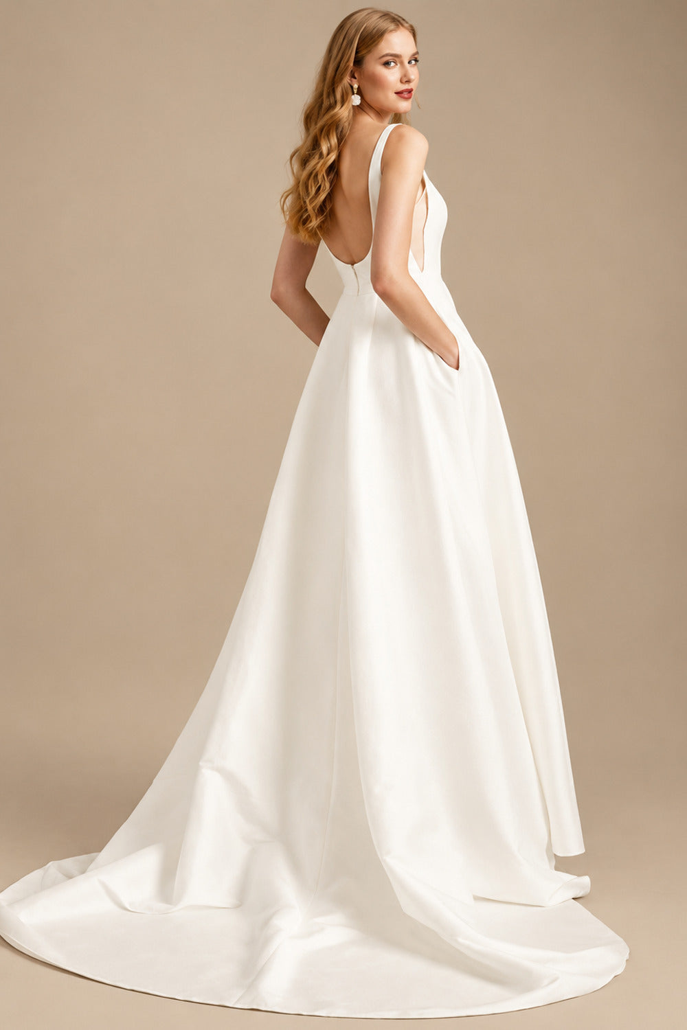 Rutipo Ivory A-Line Square Neckline Sleeveless Sweep Train Satin Wedding Dresses