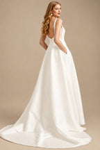 Rutipo Ivory A-Line Square Neckline Sleeveless Sweep Train Satin Wedding Dresses