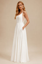 Rutipo Ivory A-Line Square Neckline Sleeveless Sweep Train Satin Wedding Dresses