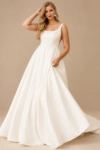 Rutipo Ivory A-Line Square Neckline Sleeveless Sweep Train Satin Wedding Dresses