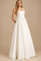Rutipo Ivory A-Line Square Neckline Sleeveless Sweep Train Satin Wedding Dresses