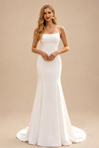 Rutipo Ivory Sheath/Column Square Neckline Satin Wedding Dresses With Appliques Lace