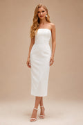 Rutipo Ivory Minimalistic Beaded Strapless Bow Accented Back Wedding Dresses With Back Slit