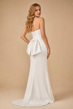Rutipo Ivory Minimalistic Beaded Strapless Bow Accented Back Wedding Dresses With Back Slit