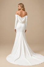 Rutipo Ivory Sheath/Column Off-The-Shoulder Long Sleeves Satin Wedding Dresses With Beading