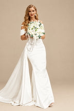 Rutipo Ivory Sheath One-Shoulder Sleeveless Sweep Train Charmeuse Wedding Dresses With Beading