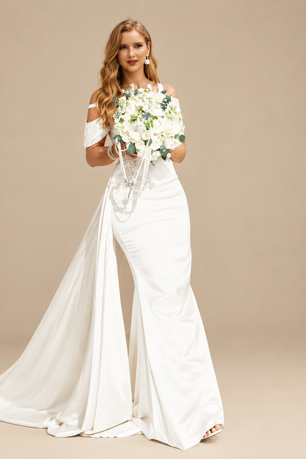 Rutipo Ivory Sheath One-Shoulder Sleeveless Sweep Train Charmeuse Wedding Dresses With Beading