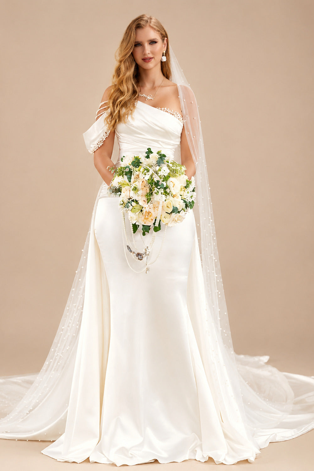 Rutipo Ivory Sheath One-Shoulder Sleeveless Sweep Train Charmeuse Wedding Dresses With Beading