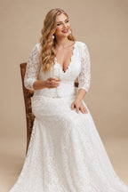 Rutipo Ivory Plus Size Elegant Mermaid Lace Sleeves Wedding Dresses With V-Neck