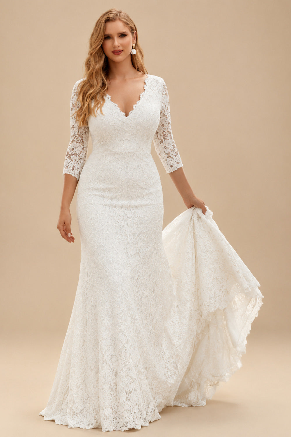 Rutipo Ivory Plus Size Elegant Mermaid Lace Sleeves Wedding Dresses With V-Neck